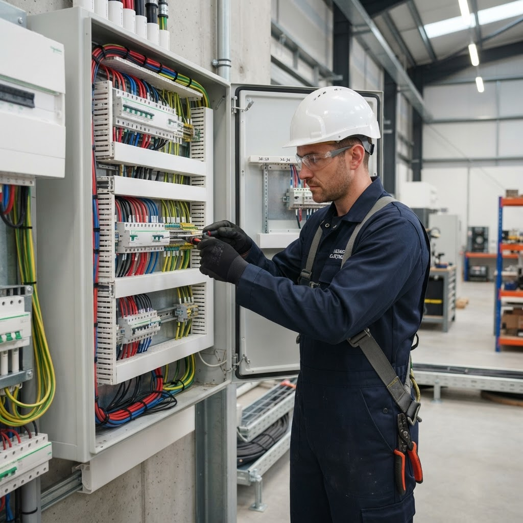 WTCS electrician working on an organised electrical distribution panel