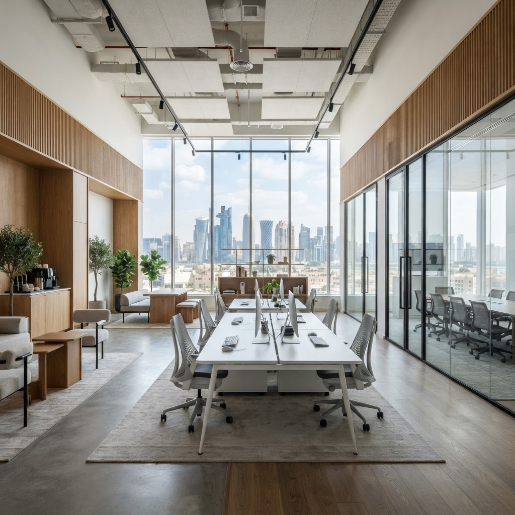 A newly renovated open-plan office with glass partitions in Doha
