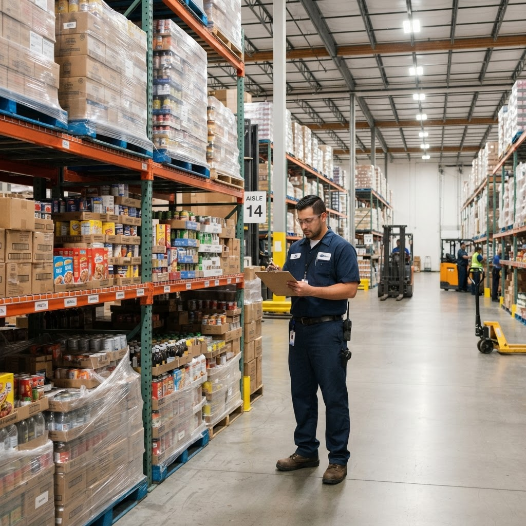 WTCS wholesale warehouse with stacked cartons and a worker checking inventory